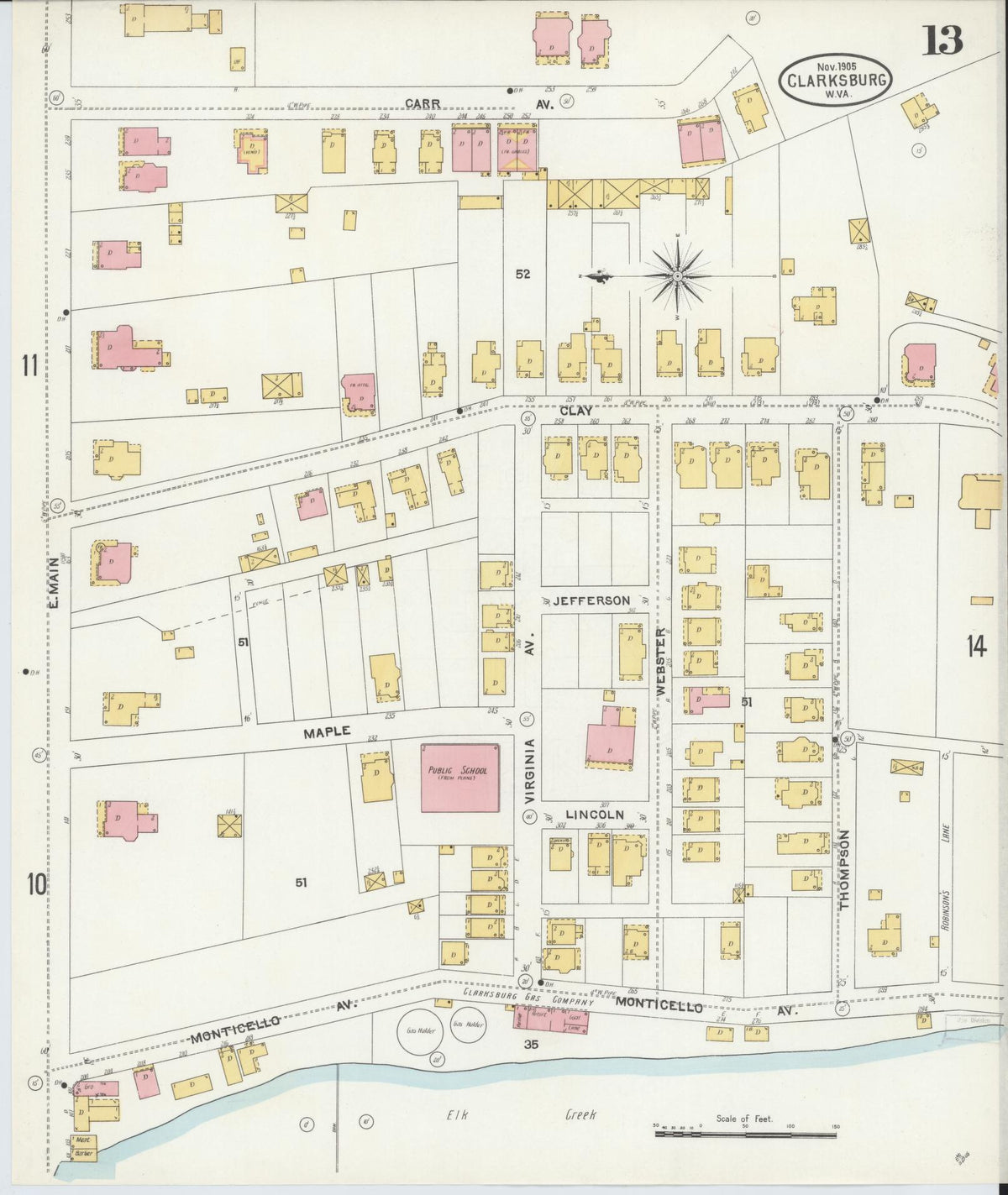 Sanborn Fire Insurance Map from Clarksburg, Harrison County, West Virginia (1905), Sheet #0013 - Complete Map Set gallery image, historic Sanborn map, vintage wall art, West Virginia West Virginia