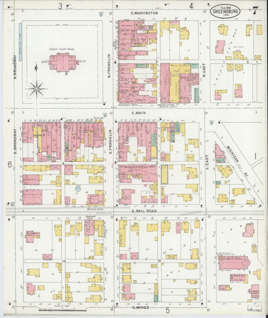Sanborn Fire Insurance Map from Greensburg, Decatur County, Indiana (1899), Sheet #0007 - Historic Sanborn Fire Insurance Map Print, vintage old map wall art, antique decor, genealogy gift, Indiana Indiana map