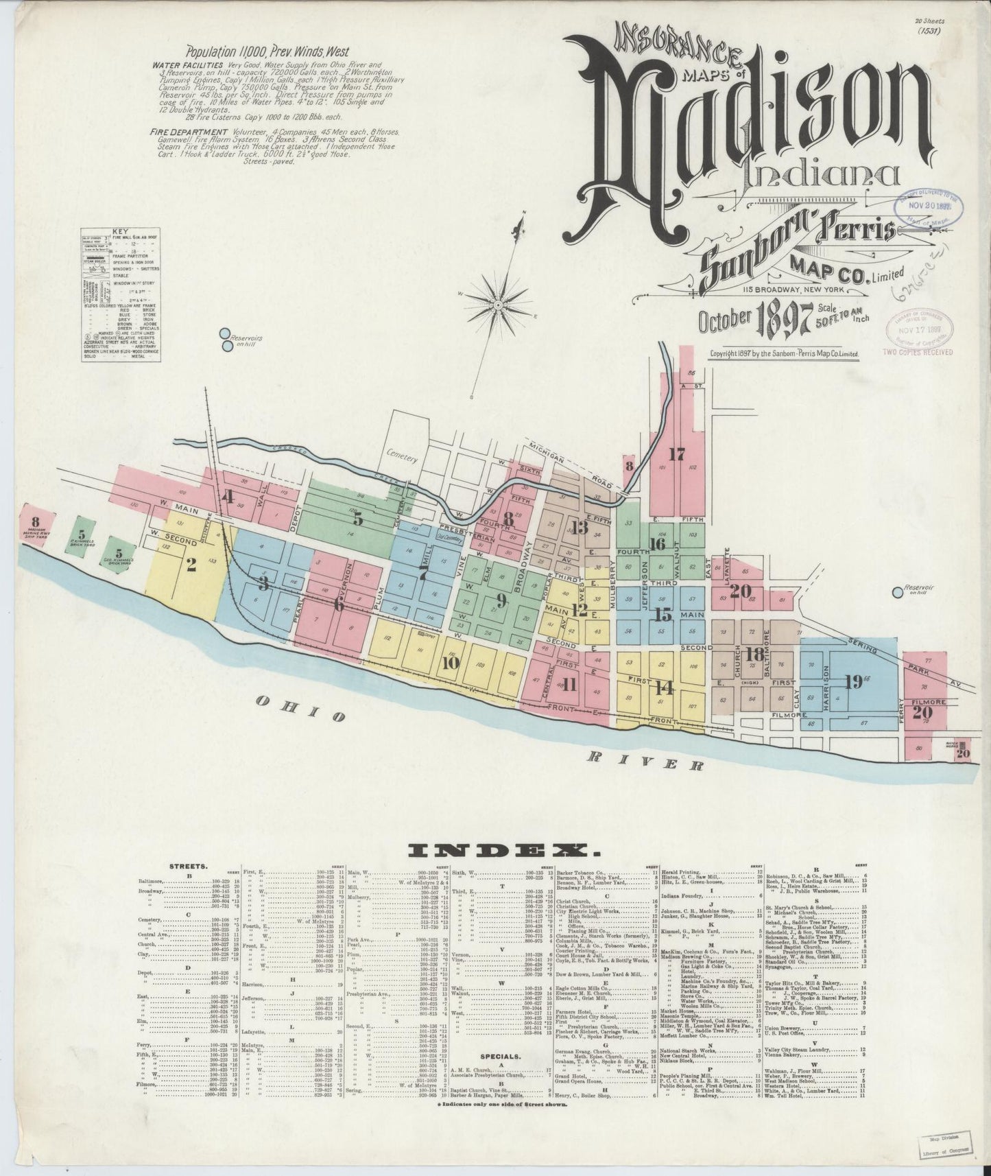 Sanborn Fire Insurance Map from Madison, Jefferson County, Indiana (1897), Sheet #0001 - Complete Map Set gallery image, historic Sanborn map, vintage wall art, Indiana Indiana