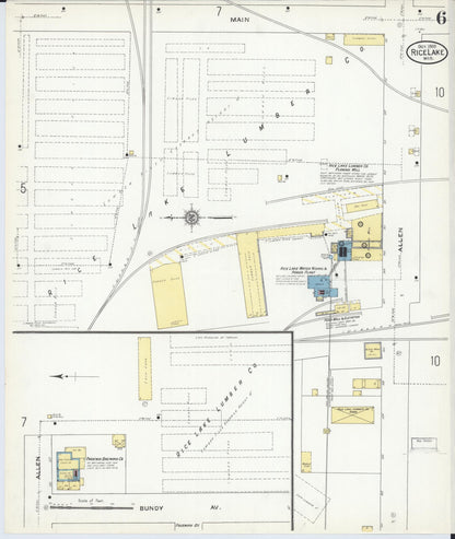 Sanborn Fire Insurance Map from Rice Lake, Barron County, Wisconsin (1909), Sheet #0006 - Historic Sanborn Fire Insurance Map Print, vintage old map wall art, antique decor, genealogy gift, Wisconsin Wisconsin map