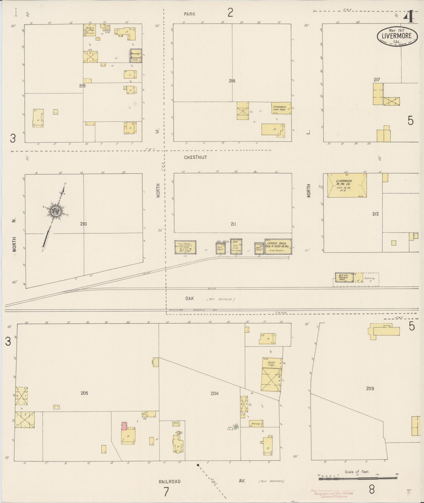 Sanborn Fire Insurance Map from Livermore, Alameda County, California (1917), Sheet #0004 - Complete Map Set gallery image, historic Sanborn map, vintage wall art, California California