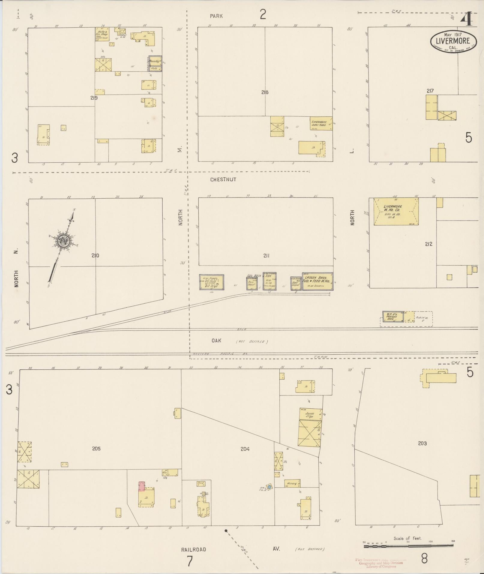 Sanborn Fire Insurance Map from Livermore, Alameda County, California (1917), Sheet #0004 - Complete Map Set gallery image, historic Sanborn map, vintage wall art, California California