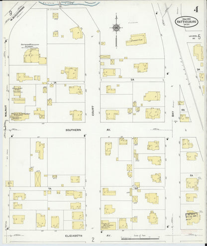 Sanborn Fire Insurance Map from Hattiesburg, Forrest County, Mississippi (1910), Sheet #0004 - Complete Map Set gallery image, historic Sanborn map, vintage wall art, Mississippi Mississippi