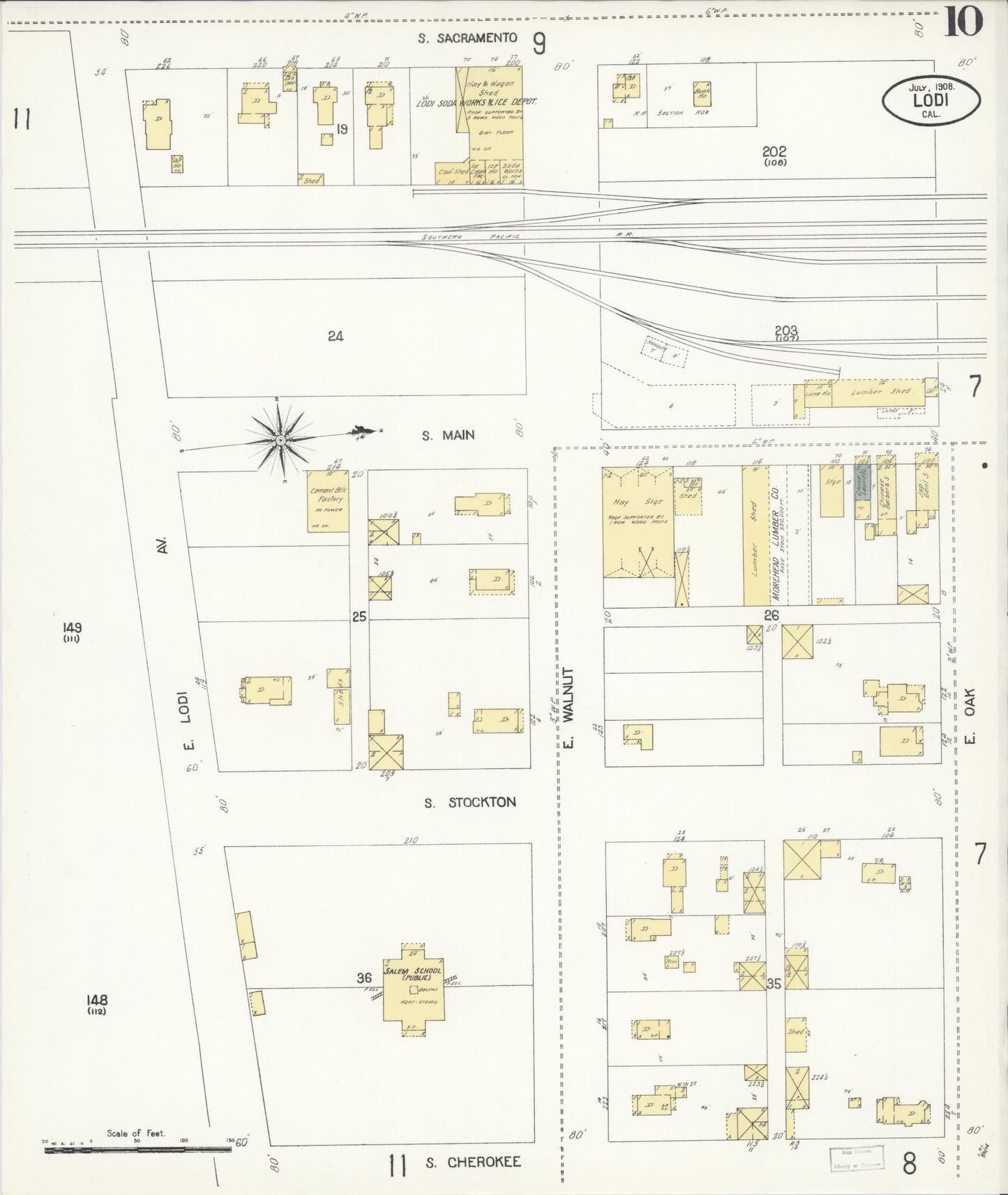 Sanborn Fire Insurance Map from Lodi, San Joaquin County, California (1908), Sheet #0010 - Historic Sanborn Fire Insurance Map Print, vintage old map wall art, antique decor, genealogy gift, California California map