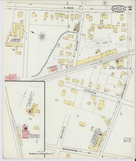Sanborn Fire Insurance Map from Natick, Middlesex County, Massachusetts (1894), Sheet #0002 - Historic Sanborn Fire Insurance Map Print, vintage old map wall art, antique decor, genealogy gift, Massachusetts Massachusetts map