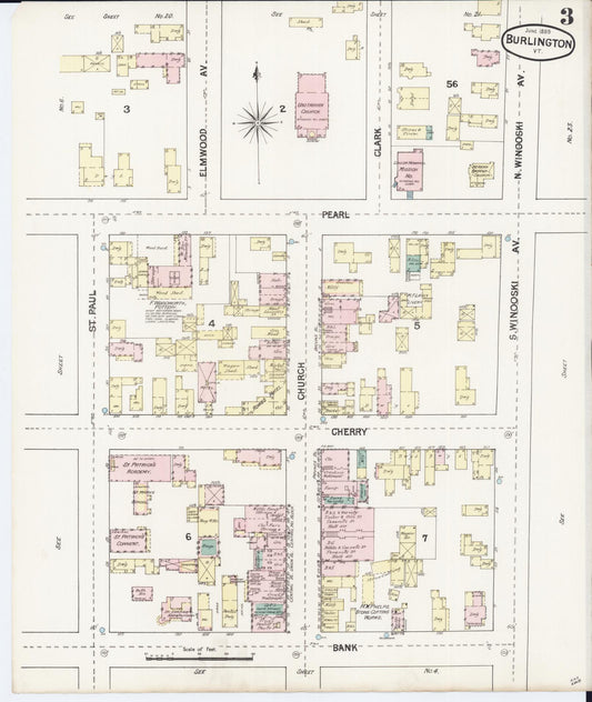 Sanborn Fire Insurance Map from Burlington, Chittenden County, Vermont (1889), Sheet #0003 - Historic Sanborn Fire Insurance Map Print, vintage old map wall art, antique decor, genealogy gift, Vermont Vermont map