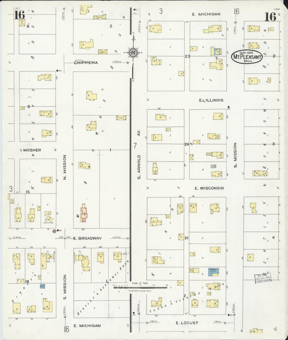 Sanborn Fire Insurance Map from Mount Pleasant, Isabella County, Michigan (1924), Sheet #0016 - Historic Sanborn Fire Insurance Map Print, vintage old map wall art, antique decor, genealogy gift, Michigan Michigan map