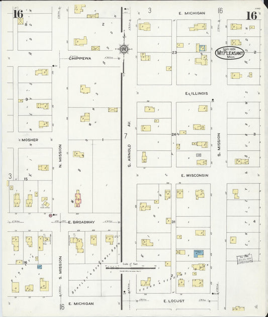 Sanborn Fire Insurance Map from Mount Pleasant, Isabella County, Michigan (1924), Sheet #0016 - Historic Sanborn Fire Insurance Map Print, vintage old map wall art, antique decor, genealogy gift, Michigan Michigan map