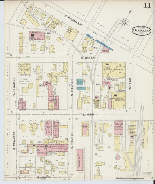 Sanborn Fire Insurance Map from Kalamazoo, Kalamazoo County, Michigan (1891), Sheet #0011 - Historic Sanborn Fire Insurance Map Print, vintage old map wall art, antique decor, genealogy gift, Michigan Michigan map