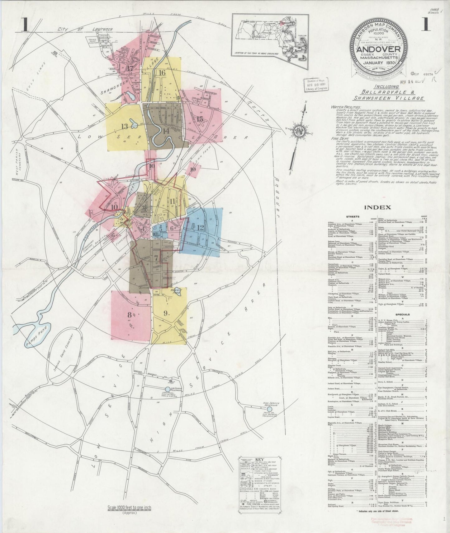 Sanborn Fire Insurance Map from Andover, Essex County, Massachusetts (1930), Sheet #0001 - Complete Map Set gallery image, historic Sanborn map, vintage wall art, Massachusetts Massachusetts