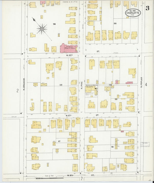 Sanborn Fire Insurance Map from Charlotte, Mecklenburg County, North Carolina (1905), Sheet #0003 - Historic Sanborn Fire Insurance Map Print, vintage old map wall art, antique decor, genealogy gift, North Carolina North Carolina map