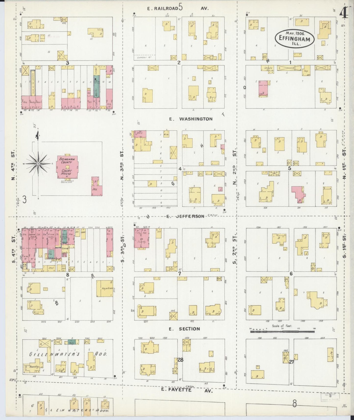 Sanborn Fire Insurance Map from Effingham, Effingham County, Illinois (1906), Sheet #0004 - Historic Sanborn Fire Insurance Map Print, vintage old map wall art, antique decor, genealogy gift, Illinois Illinois map