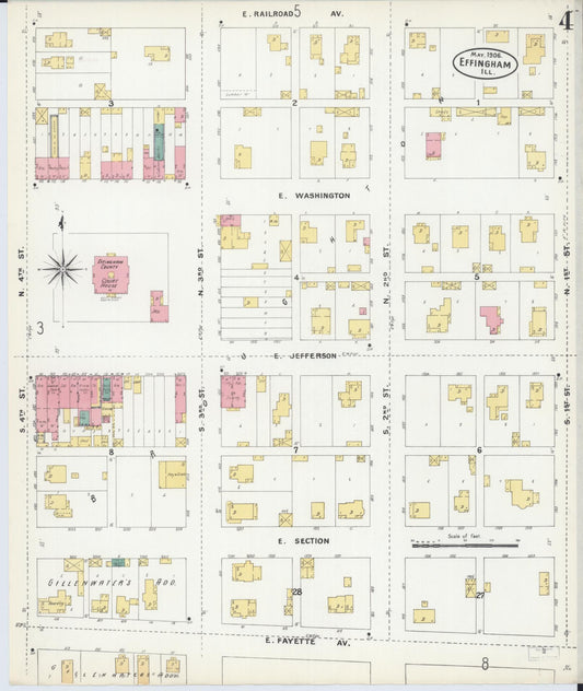 Sanborn Fire Insurance Map from Effingham, Effingham County, Illinois (1906), Sheet #0004 - Historic Sanborn Fire Insurance Map Print, vintage old map wall art, antique decor, genealogy gift, Illinois Illinois map