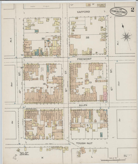 Sanborn Fire Insurance Map from Tombstone, Cochise County, Arizona (1886), Sheet #0002 - Historic Sanborn Fire Insurance Map Print, vintage old map wall art, antique decor, genealogy gift, Arizona Arizona map