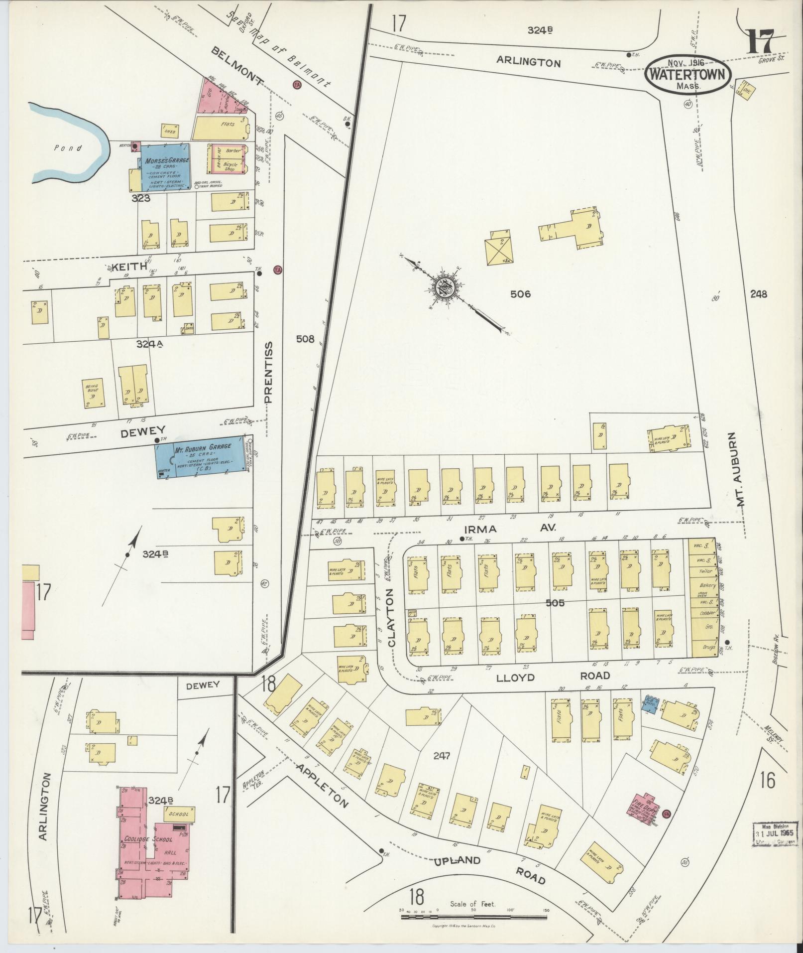 Sanborn Fire Insurance Map from Watertown, Middlesex County, Massachusetts (1916), Sheet #0017 - Historic Sanborn Fire Insurance Map Print, vintage old map wall art, antique decor, genealogy gift, Massachusetts Massachusetts map