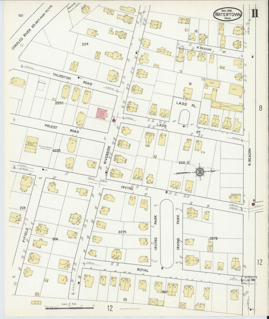 Sanborn Fire Insurance Map from Watertown, Middlesex County, Massachusetts (1916), Sheet #0011 - Historic Sanborn Fire Insurance Map Print, vintage old map wall art, antique decor, genealogy gift, Massachusetts Massachusetts map