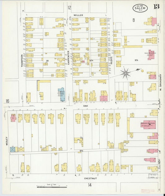 Sanborn Fire Insurance Map from Salem, Salem County, New Jersey (1909), Sheet #0013 - Historic Sanborn Fire Insurance Map Print, vintage old map wall art, antique decor, genealogy gift, New Jersey New Jersey map