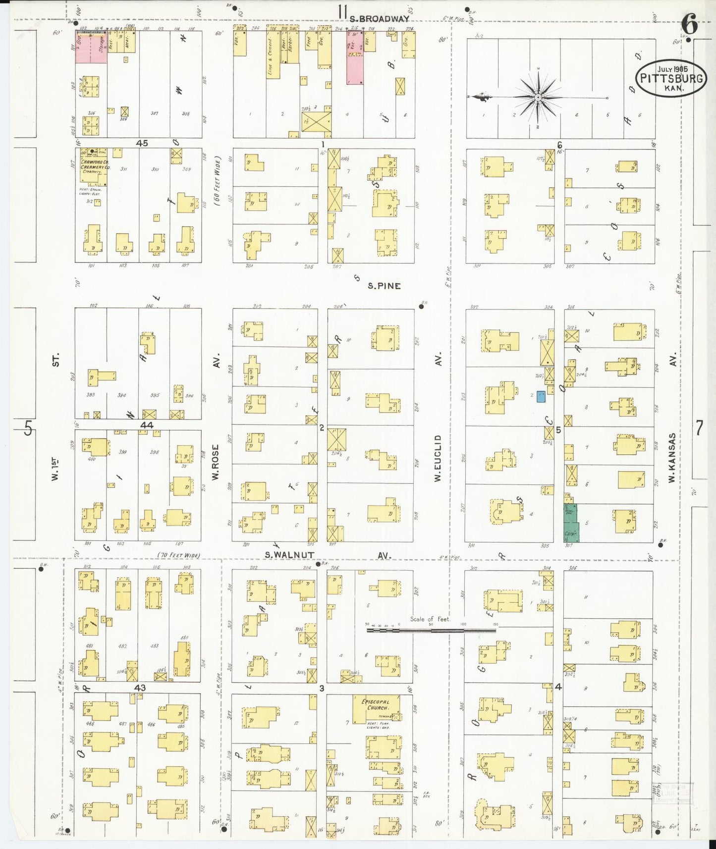 Sanborn Fire Insurance Map from Pittsburg, Crawford County, Kansas (1905), Sheet #0006 - Complete Map Set gallery image, historic Sanborn map, vintage wall art, Kansas Kansas