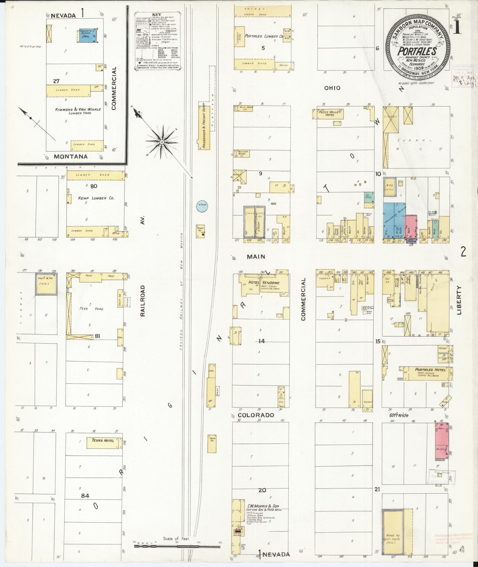 Sanborn Fire Insurance Map from Portales, Roosevelt County, New Mexico (1909), Sheet #0001 - Historic Sanborn Fire Insurance Map Print, vintage old map wall art, antique decor, genealogy gift, New Mexico New Mexico map