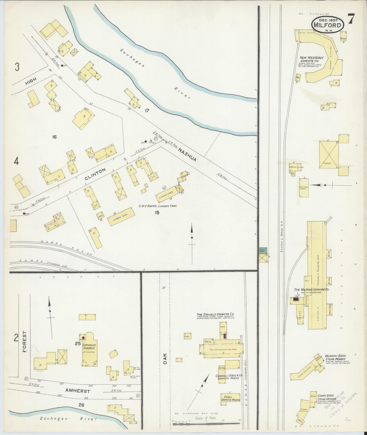 Sanborn Fire Insurance Map from Milford, Hillsborough County, New Hampshire (1907), Sheet #0007 - Complete Map Set gallery image, historic Sanborn map, vintage wall art, New Hampshire New Hampshire