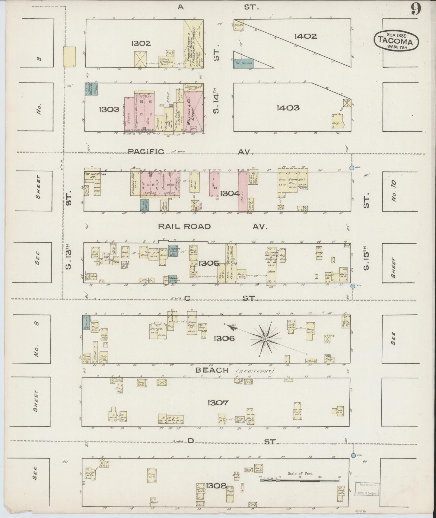 Sanborn Fire Insurance Map from Tacoma, Pierce County, Washington (1885), Sheet #0009 - Complete Map Set gallery image, historic Sanborn map, vintage wall art, Washington Washington