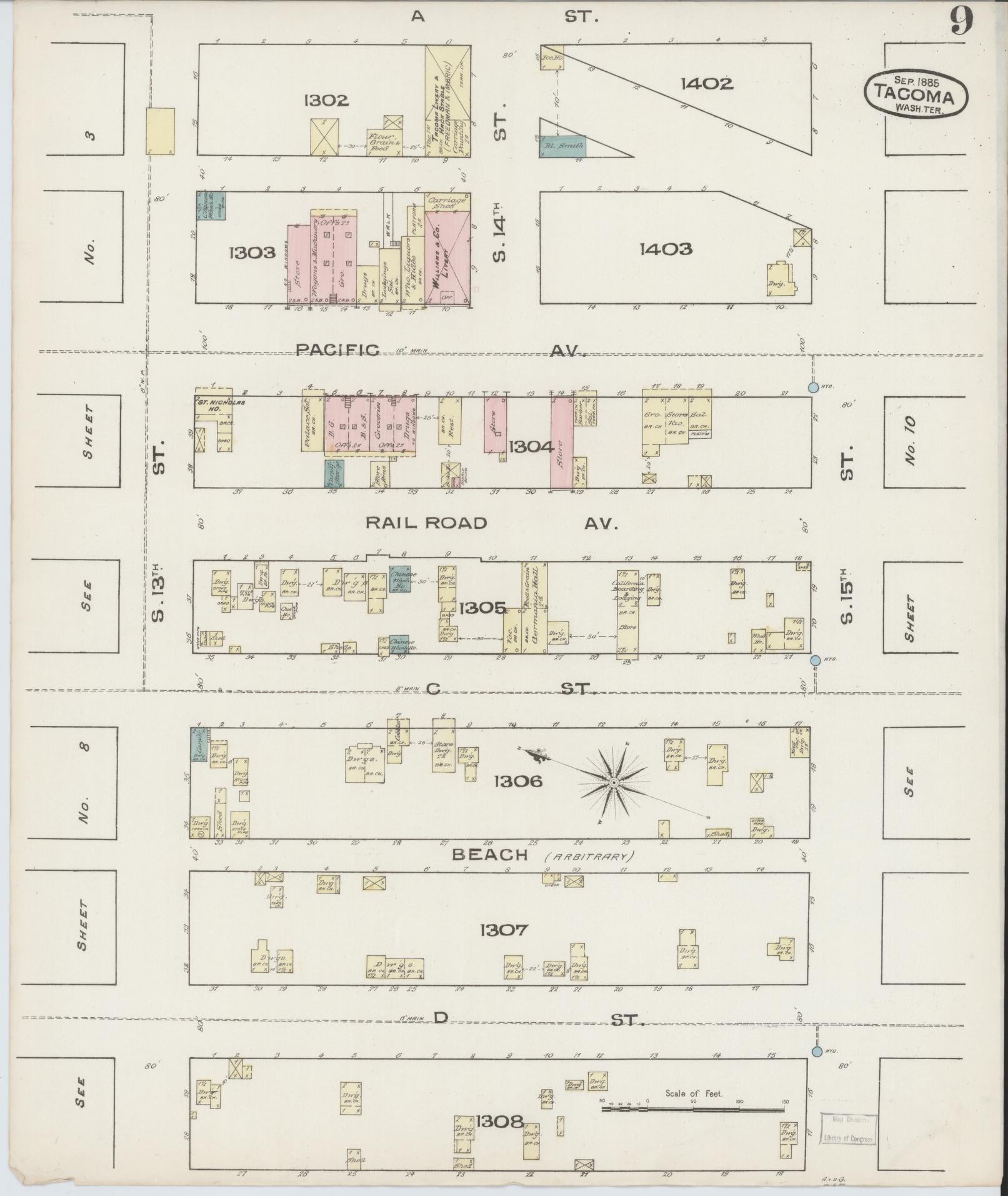 Sanborn Fire Insurance Map from Tacoma, Pierce County, Washington (1885), Sheet #0009 - Complete Map Set gallery image, historic Sanborn map, vintage wall art, Washington Washington