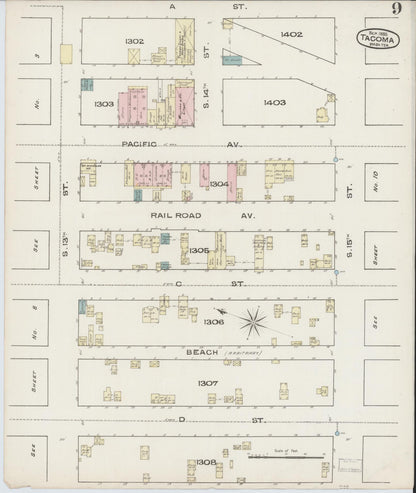 Sanborn Fire Insurance Map from Tacoma, Pierce County, Washington (1885), Sheet #0009 - Complete Map Set gallery image, historic Sanborn map, vintage wall art, Washington Washington