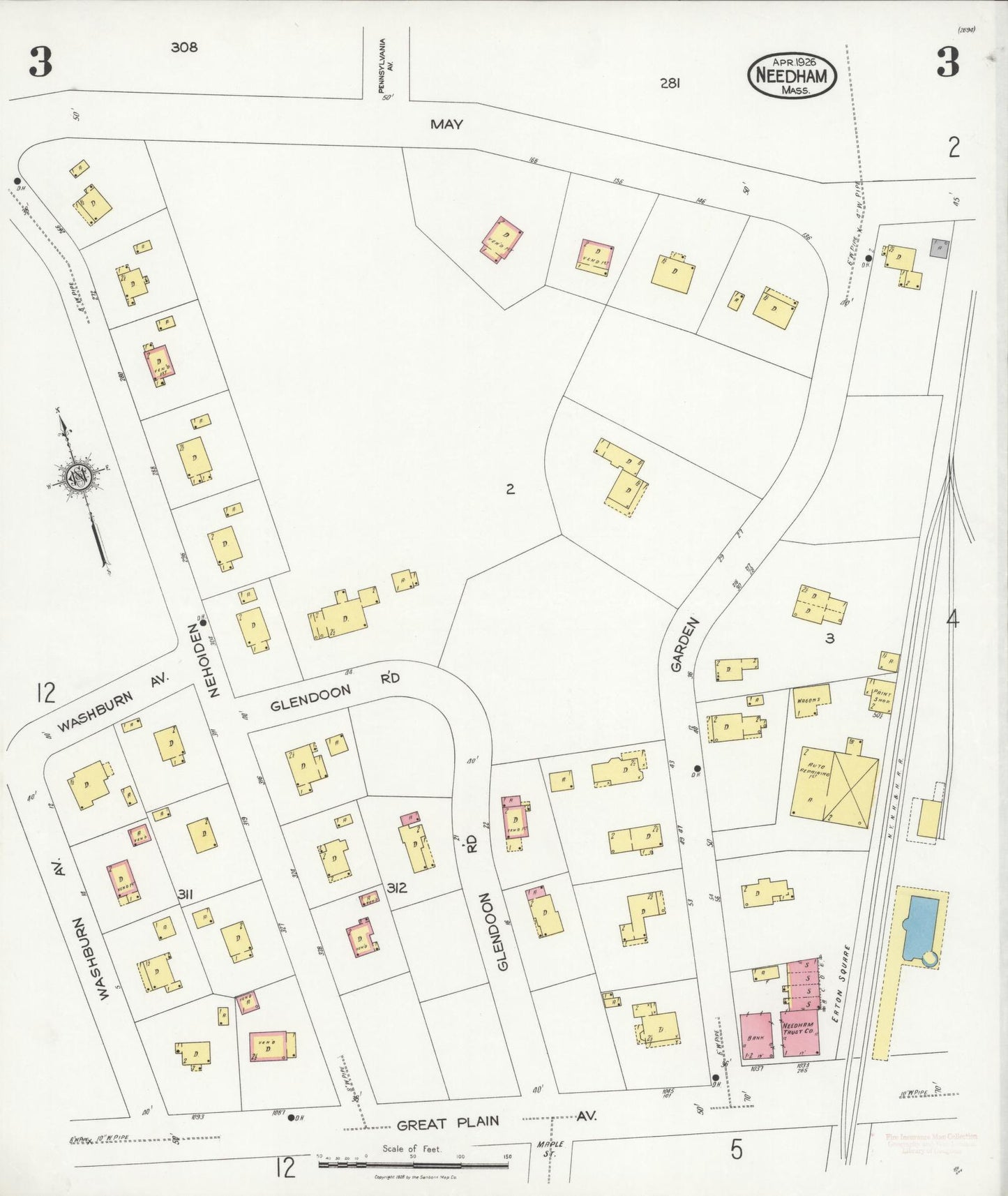 Sanborn Fire Insurance Map from Needham, Norfolk County, Massachusetts (1926), Sheet #0003 - Historic Sanborn Fire Insurance Map Print, vintage old map wall art, antique decor, genealogy gift, Massachusetts Massachusetts map