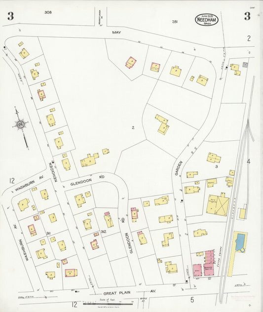 Sanborn Fire Insurance Map from Needham, Norfolk County, Massachusetts (1926), Sheet #0003 - Historic Sanborn Fire Insurance Map Print, vintage old map wall art, antique decor, genealogy gift, Massachusetts Massachusetts map