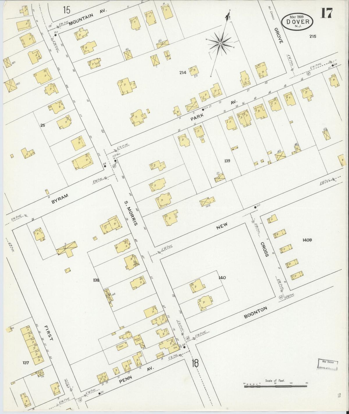 Sanborn Fire Insurance Map from Dover, Morris County, New Jersey (1909), Sheet #0017 - Historic Sanborn Fire Insurance Map Print, vintage old map wall art, antique decor, genealogy gift, New Jersey New Jersey map