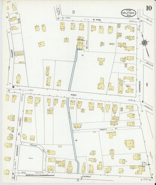 Sanborn Fire Insurance Map from Milford, Worcester County, Massachusetts (1910), Sheet #0010 - Historic Sanborn Fire Insurance Map Print, vintage old map wall art, antique decor, genealogy gift, Massachusetts Massachusetts map