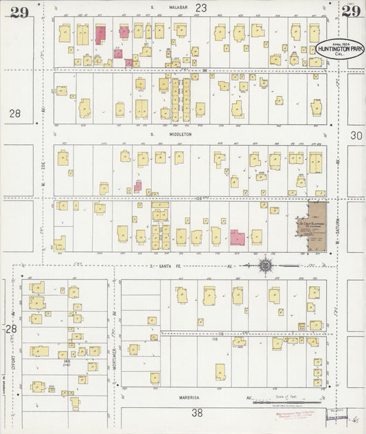 Sanborn Fire Insurance Map from Huntington Park, Los Angeles County, California (1924), Sheet #0029 - Historic Sanborn Fire Insurance Map Print, vintage old map wall art, antique decor, genealogy gift, California California map