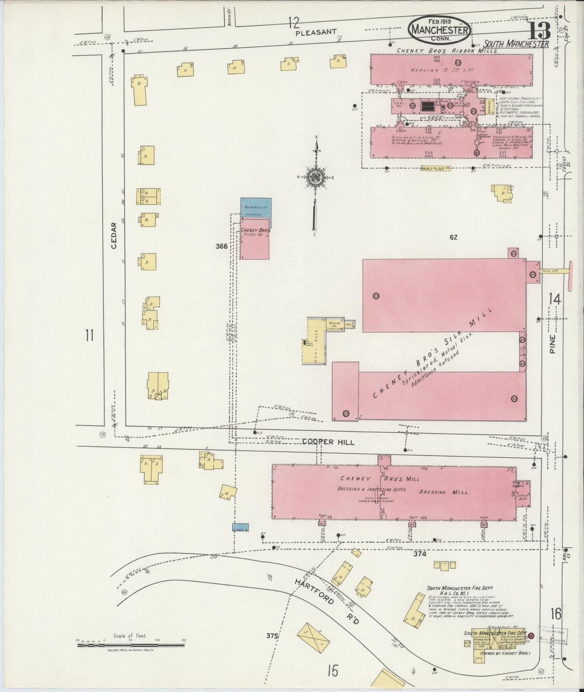 Sanborn Fire Insurance Map from Manchester, Hartford County, Connecticut (1919), Sheet #0013 - Historic Sanborn Fire Insurance Map Print, vintage old map wall art, antique decor, genealogy gift, Connecticut Connecticut map