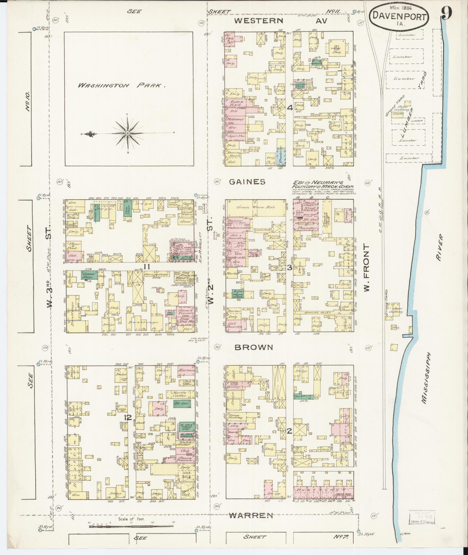 Sanborn Fire Insurance Map from Davenport, Scott County, Iowa (1886), Sheet #0009 - Historic Sanborn Fire Insurance Map Print, vintage old map wall art