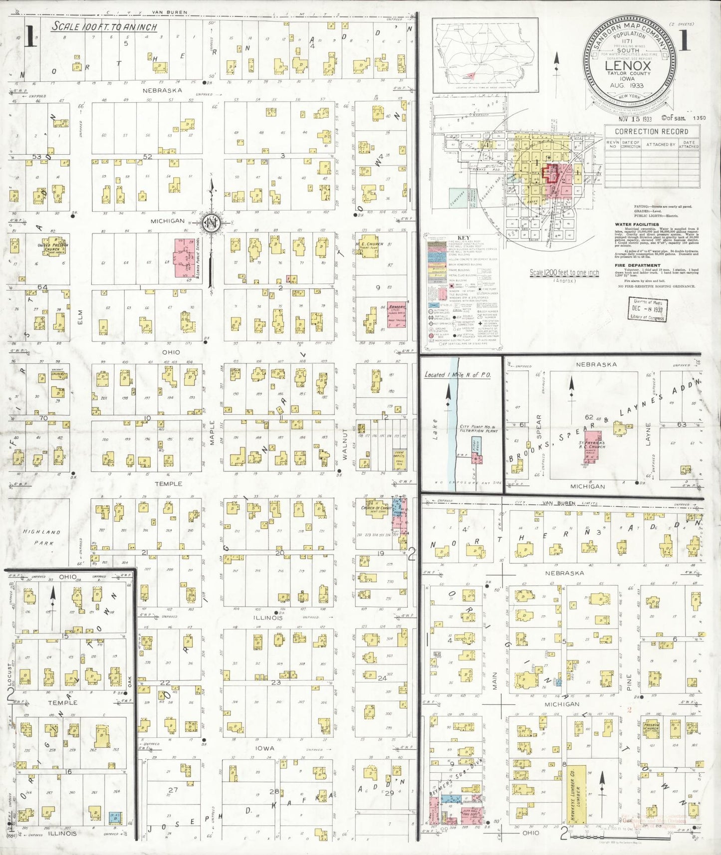 Sanborn Fire Insurance Map from Lenox, Taylor County, Iowa (1933), Sheet #0001 - Historic Sanborn Fire Insurance Map Print, vintage old map wall art