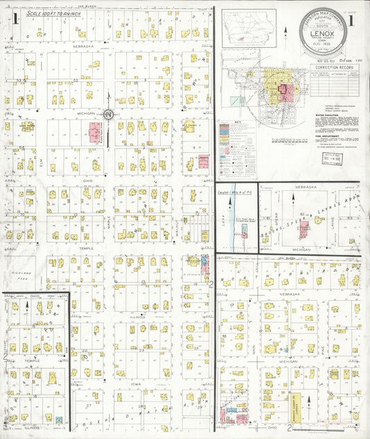 Sanborn Fire Insurance Map from Lenox, Taylor County, Iowa (1933), Sheet #0001 - Historic Sanborn Fire Insurance Map Print, vintage old map wall art