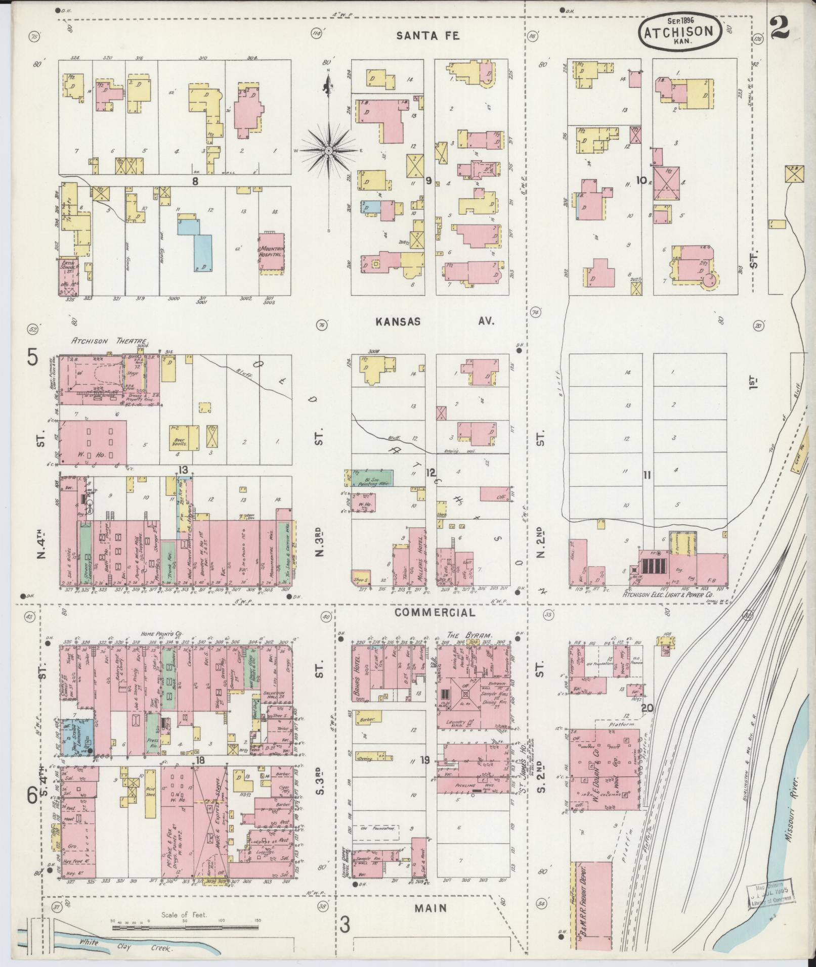 Sanborn Fire Insurance Map from Atchison, Atchison County, Kansas (1896), Sheet #0002 - Historic Sanborn Fire Insurance Map Print, vintage old map wall art, antique decor, genealogy gift, Kansas Kansas map