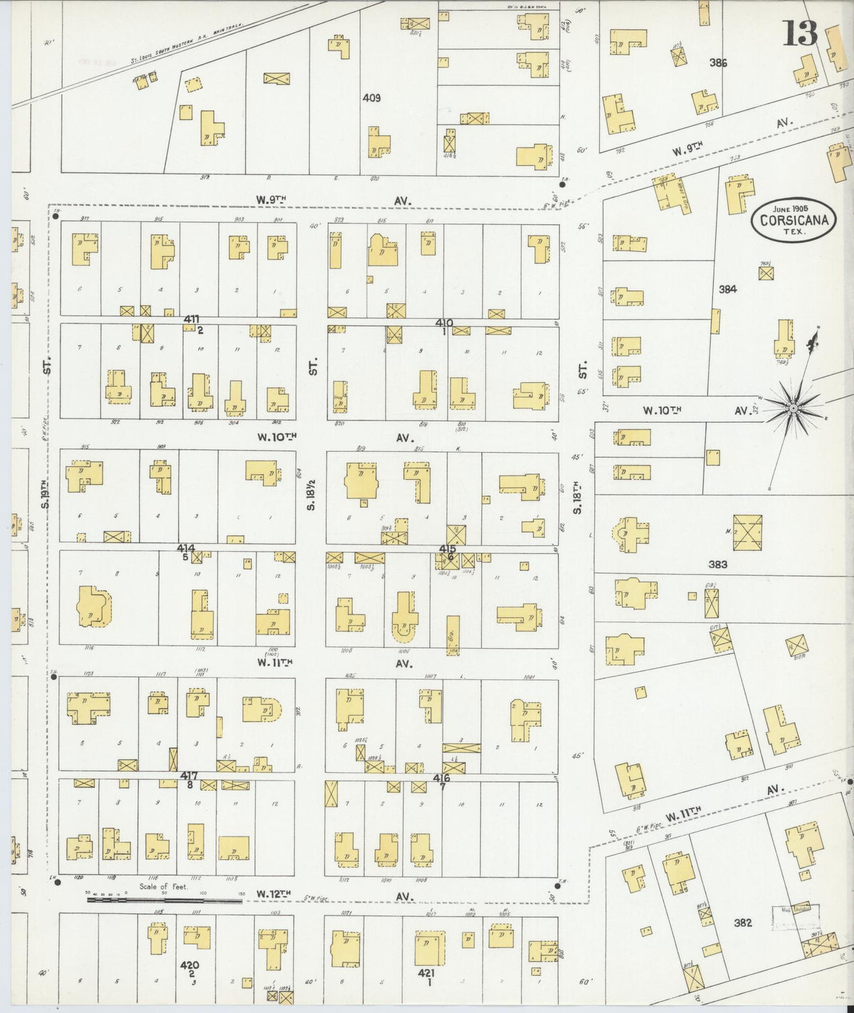 Sanborn Fire Insurance Map from Corsicana, Navarro County, Texas (1905), Sheet #0013 - Complete Map Set gallery image, historic Sanborn map, vintage wall art, Texas Texas