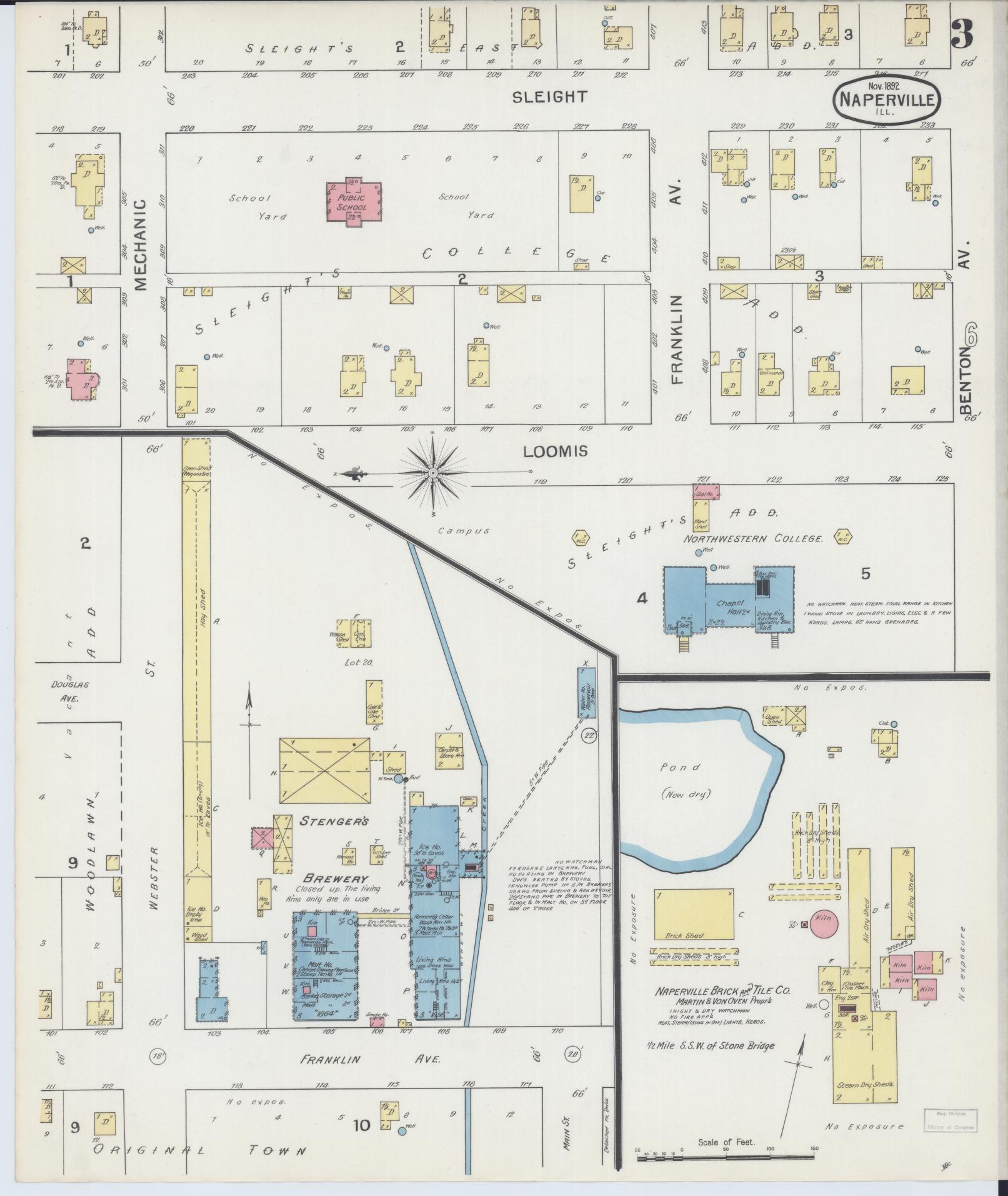 Sanborn Fire Insurance Map from Naperville, Du Page County, Illinois (1892), Sheet #0003 - Complete Map Set gallery image, historic Sanborn map, vintage wall art, Illinois Illinois
