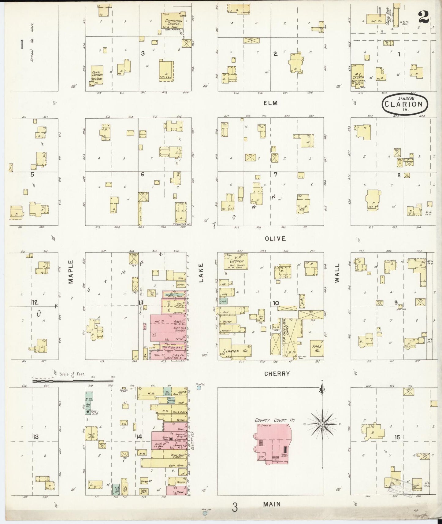 Sanborn Fire Insurance Map from Clarion, Wright County, Iowa (1896), Sheet #0002 - Historic Sanborn Fire Insurance Map Print, vintage old map wall art