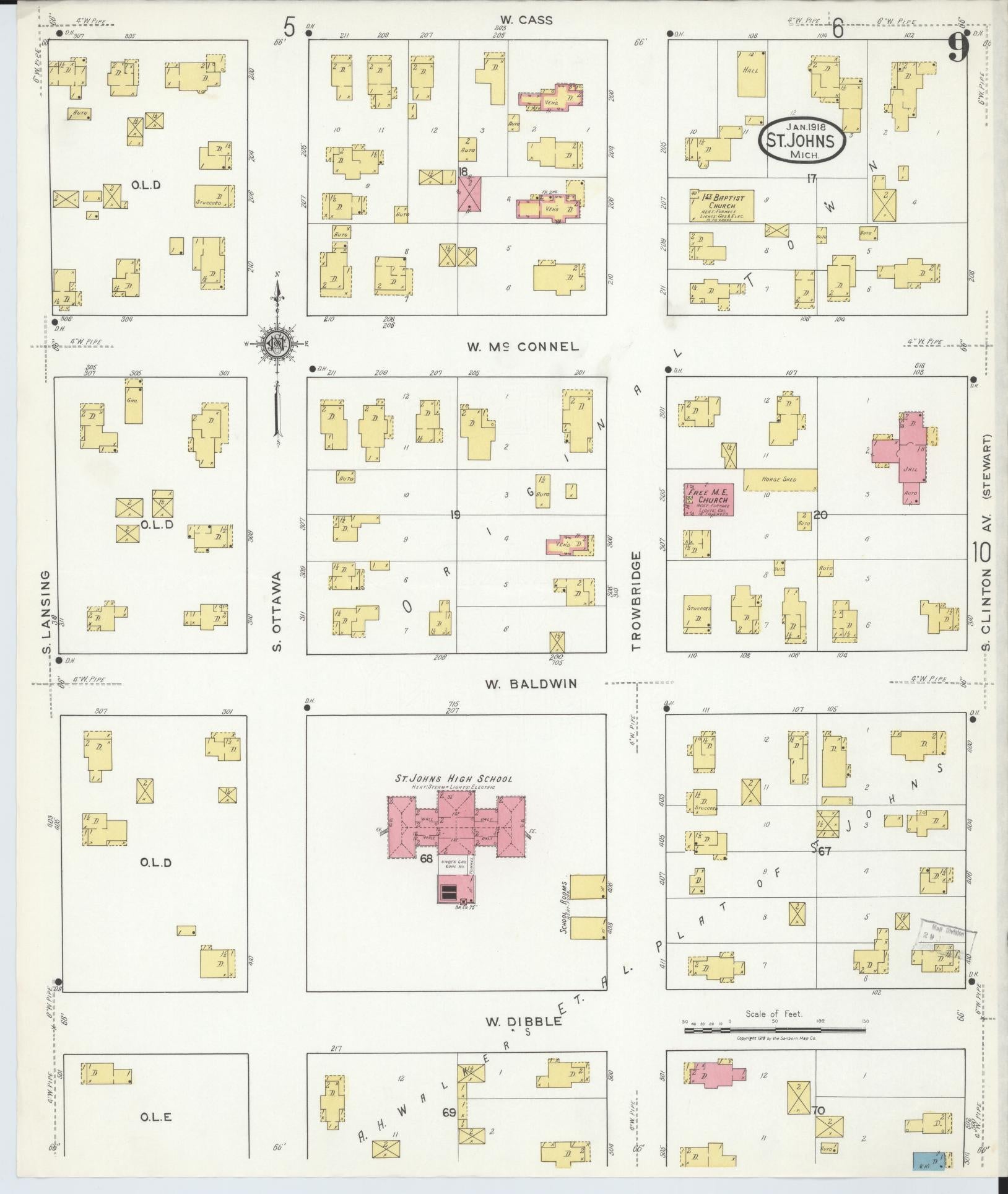 Sanborn Fire Insurance Map from Saint Johns, Clinton County, Michigan (1918), Sheet #0009 - Complete Map Set gallery image, historic Sanborn map, vintage wall art, Michigan Michigan