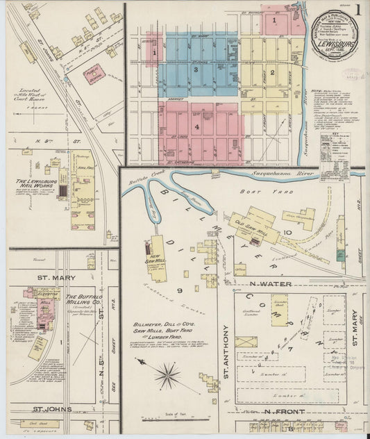 Sanborn Fire Insurance Map from Lewisburg, Union County, Pennsylvania (1885), Sheet #0001 - Historic Sanborn Fire Insurance Map Print, vintage old map wall art, antique decor, genealogy gift, Pennsylvania Pennsylvania map
