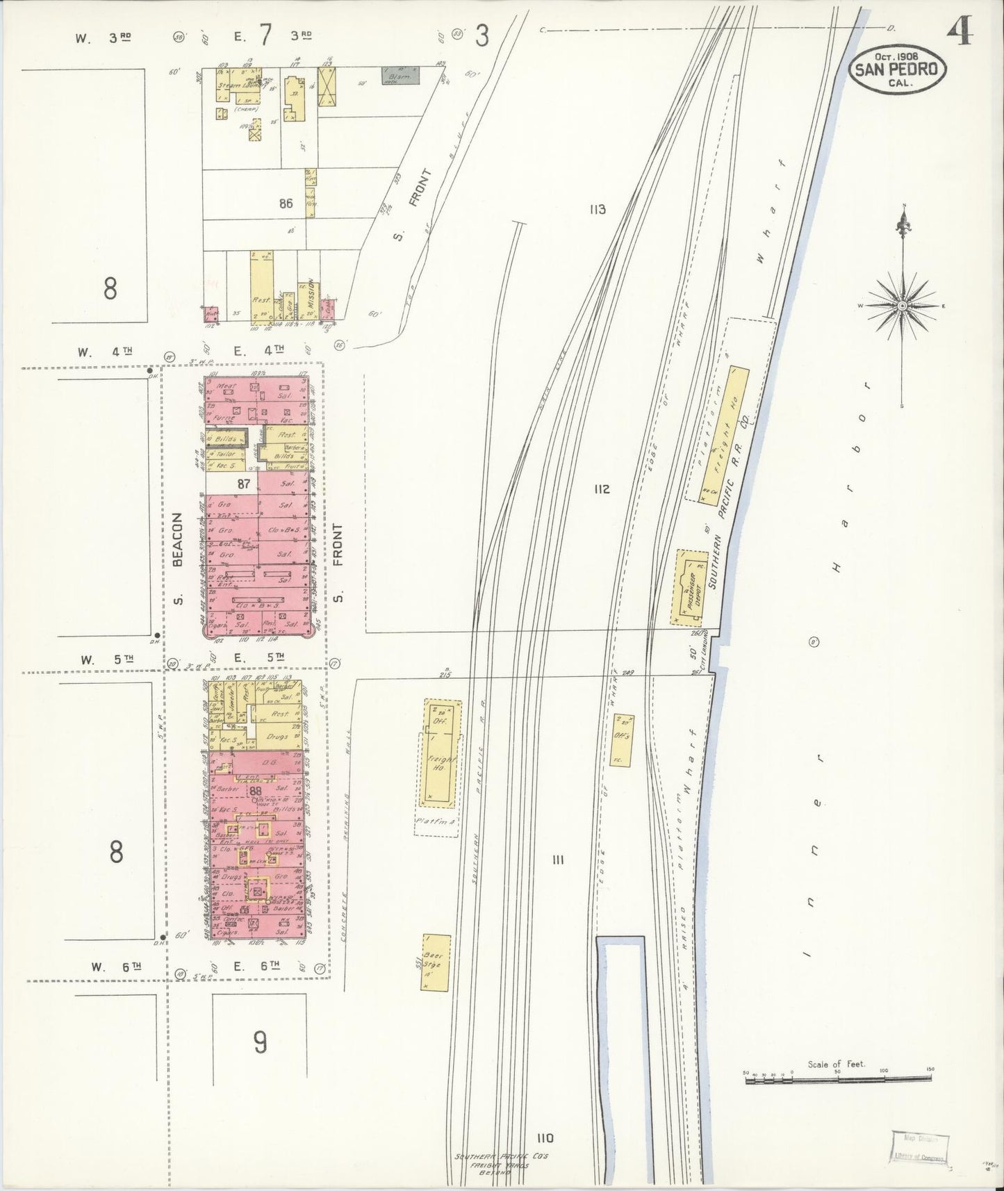 Sanborn Fire Insurance Map from San Pedro, Los Angeles County, California (1908), Sheet #0004 - Complete Map Set gallery image, historic Sanborn map, vintage wall art, California California