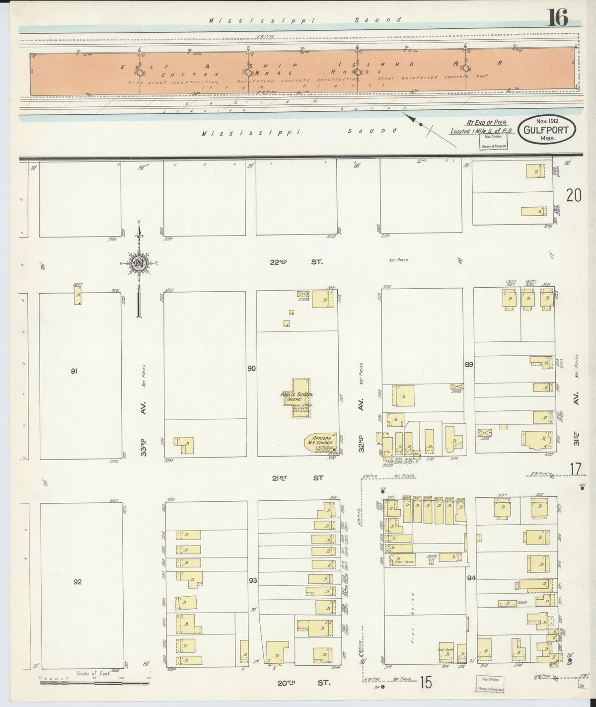 Sanborn Fire Insurance Map from Gulfport, Harrison County, Mississippi (1912), Sheet #0016 - Historic Sanborn Fire Insurance Map Print, vintage old map wall art, antique decor, genealogy gift, Mississippi Mississippi map