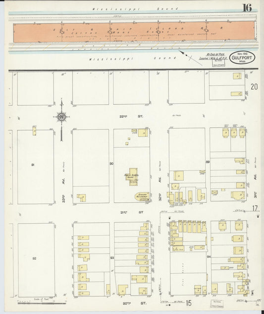 Sanborn Fire Insurance Map from Gulfport, Harrison County, Mississippi (1912), Sheet #0016 - Historic Sanborn Fire Insurance Map Print, vintage old map wall art, antique decor, genealogy gift, Mississippi Mississippi map