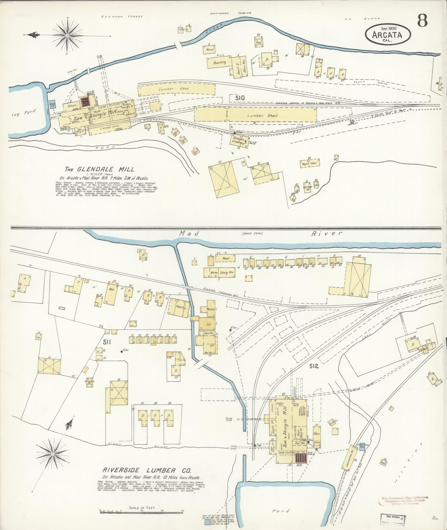 Sanborn Fire Insurance Map from Arcata, Humboldt County, California (1900), Sheet #0008 - Historic Sanborn Fire Insurance Map Print, vintage old map wall art, antique decor, genealogy gift, California California map