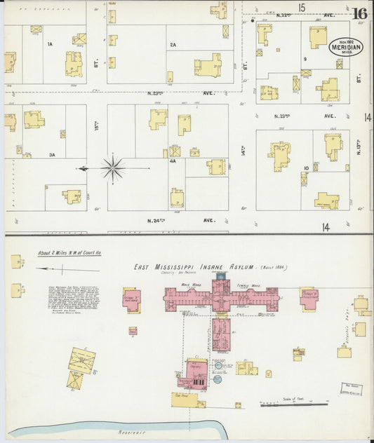 Sanborn Fire Insurance Map from Meridian, Lauderdale County, Mississippi (1902), Sheet #0016 - Historic Sanborn Fire Insurance Map Print, vintage old map wall art, antique decor, genealogy gift, Mississippi Mississippi map