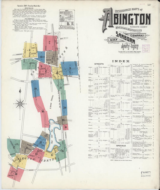 Sanborn Fire Insurance Map from Abington, Plymouth County, Massachusetts (1907), Sheet #0001 - Historic Sanborn Fire Insurance Map Print, vintage old map wall art, antique decor, genealogy gift, Massachusetts Massachusetts map