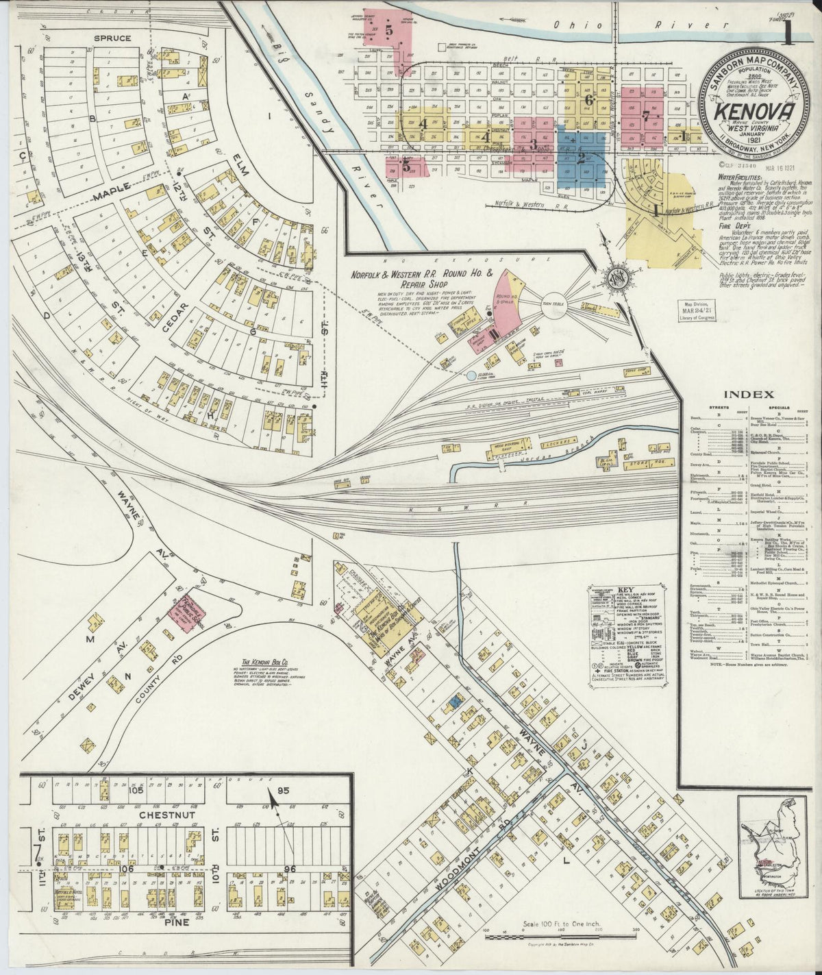 Sanborn Fire Insurance Map from Kenova, Wayne County, West Virginia (1921), Sheet #0001 - Historic Sanborn Fire Insurance Map Print, vintage old map wall art, antique decor, genealogy gift, West Virginia West Virginia map