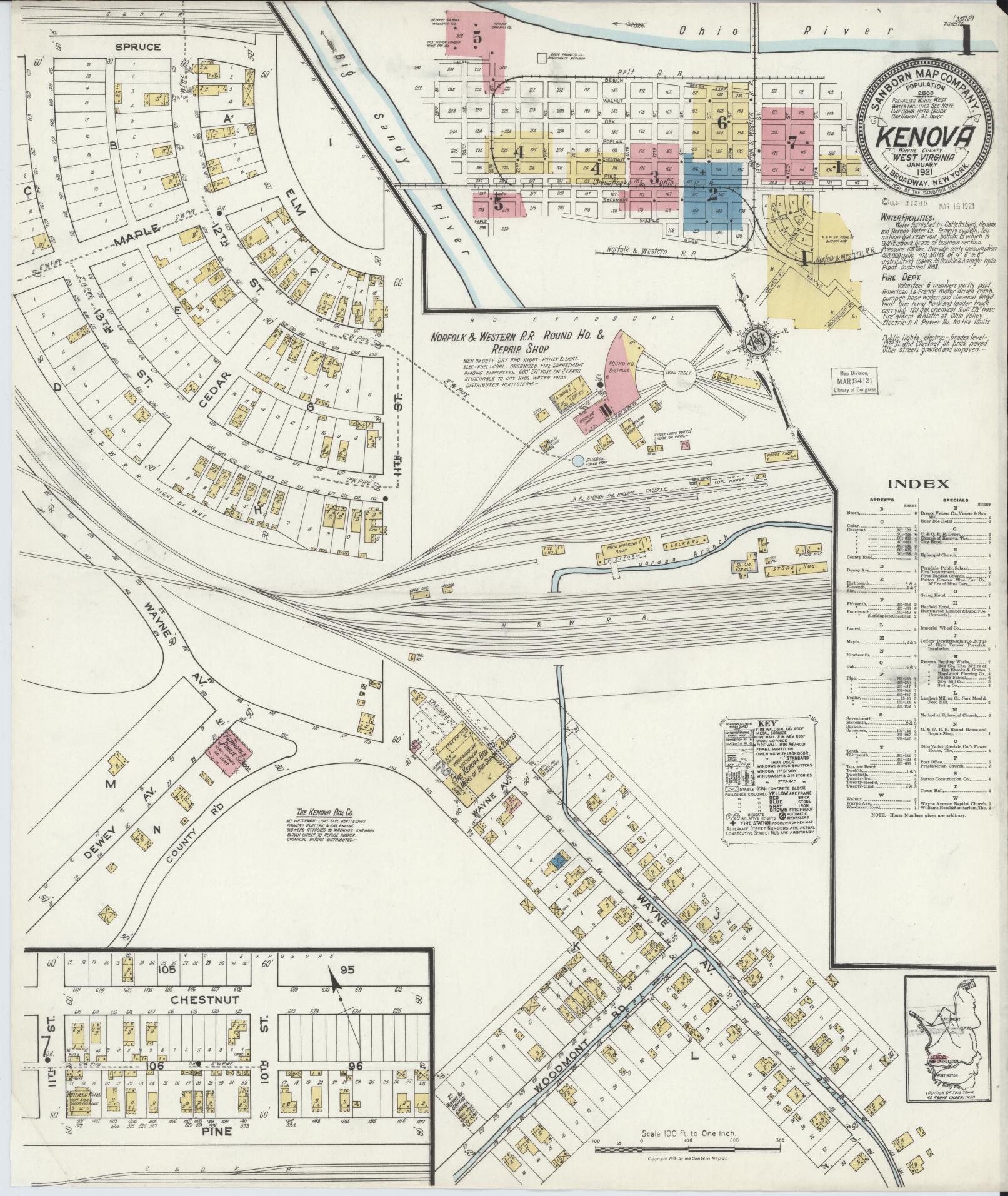 Sanborn Fire Insurance Map from Kenova, Wayne County, West Virginia (1921), Sheet #0001 - Historic Sanborn Fire Insurance Map Print, vintage old map wall art, antique decor, genealogy gift, West Virginia West Virginia map